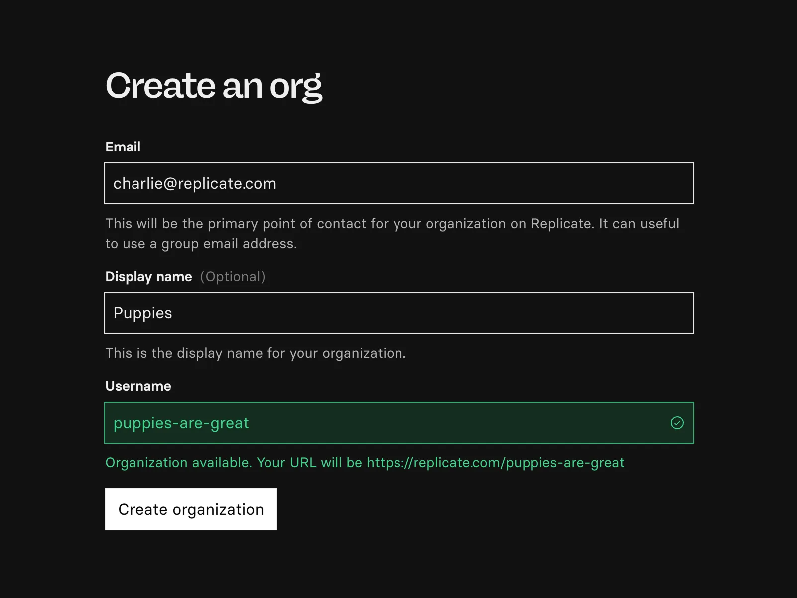 A screenshot of creating an organization