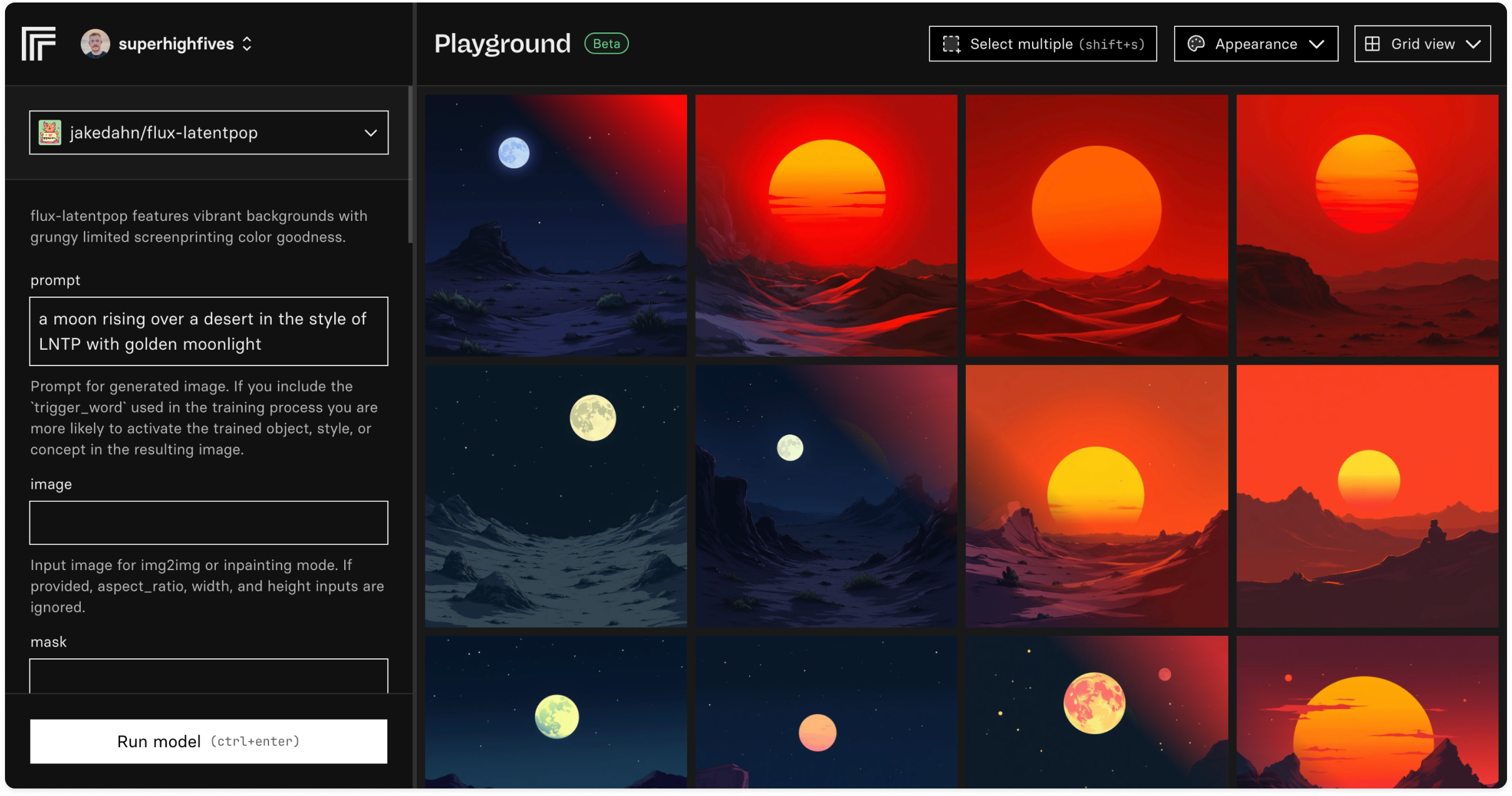 A screenshot of the playground interface, showing a grid of images and a collection of inputs